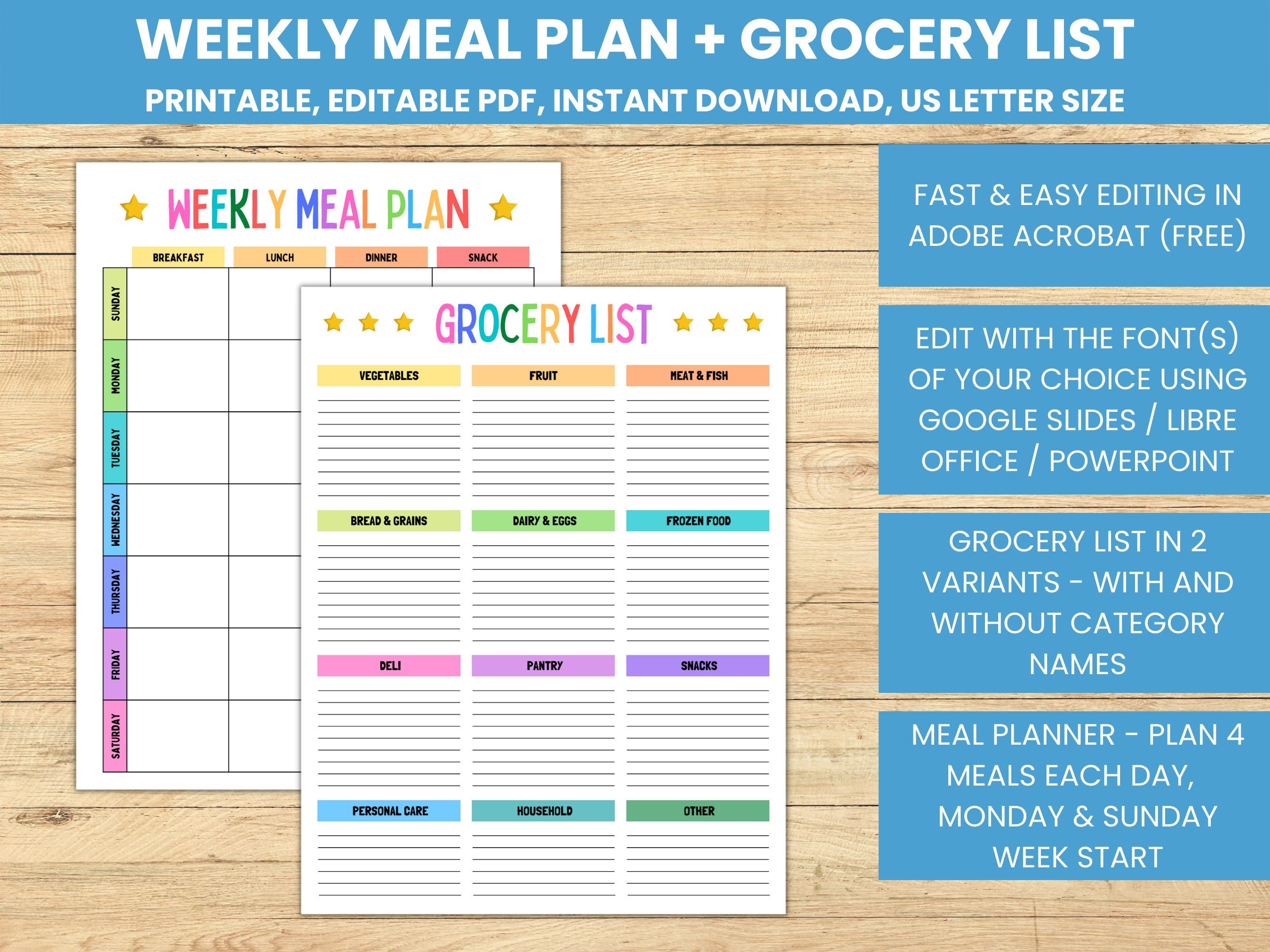 Editable Weekly Meal Planner & Grocery List (digital PDF) - Etsy