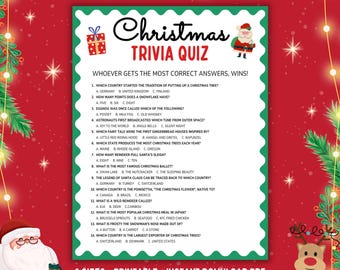 May include: A printable Christmas trivia quiz with 14 questions. The quiz is on a red background with a green border and features a cartoon Santa Claus and a reindeer. The text "Christmas Trivia Quiz" is in a green and white font.