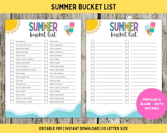 Kids Summer Bucket List Printable: Editable Activity Checklist (Digital Download)