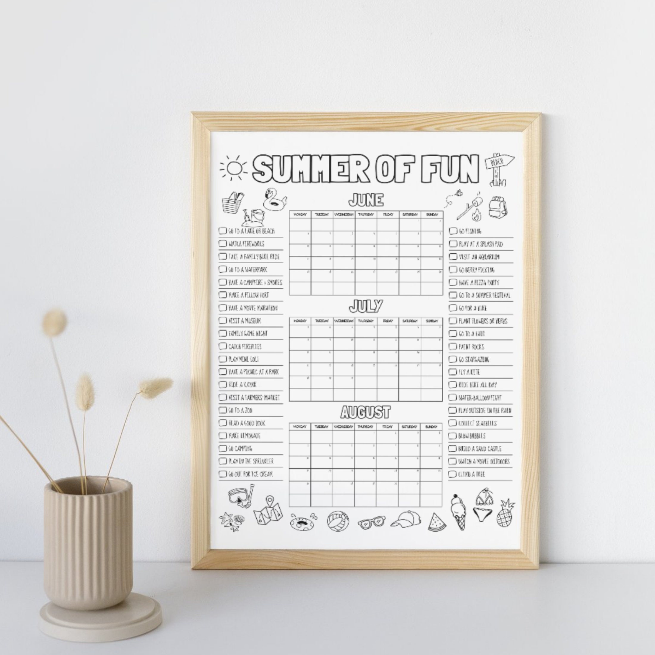 2024 Summer Calendar Coloring Summer Calendar Poster Printable Kids