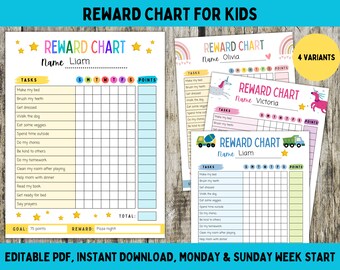 Editable Reward Chart for Kids, Printable Toddler Reward Chart, Kids Routine Sticker Chart, Behavior Chart, Daily Chore Chart, Digital PDF