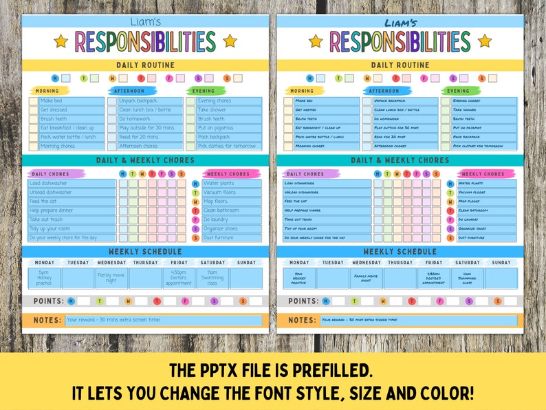 Pu&ograve; includere: Un grafico delle faccende stampabile per bambini con uno schema di colori blu e giallo. Il grafico include le routine quotidiane, le faccende quotidiane e settimanali e un programma settimanale. Il grafico &egrave; intitolato "Le responsabilit&agrave; di Liam".