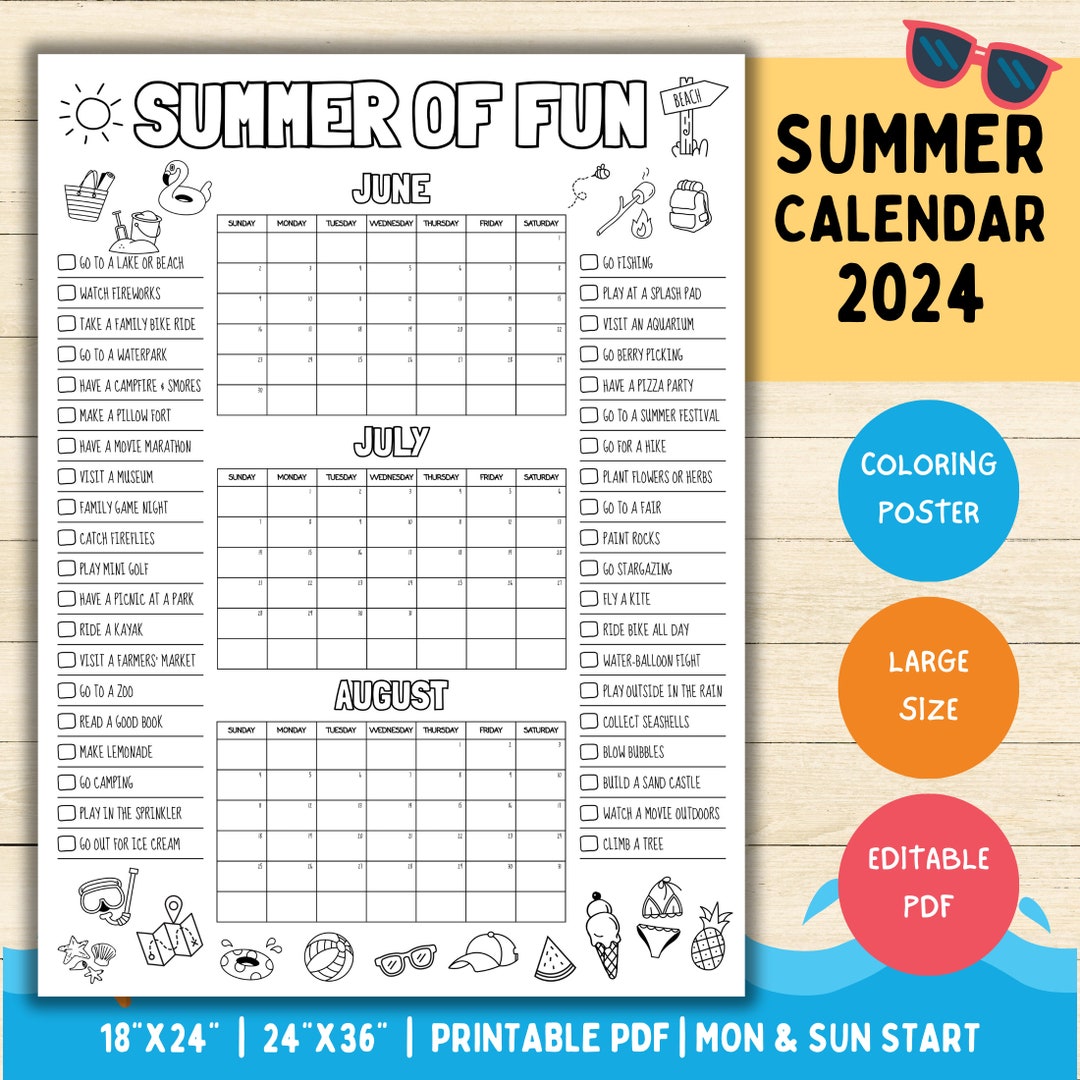 2024 Summer Calendar Coloring Summer Calendar Poster Printable Kids