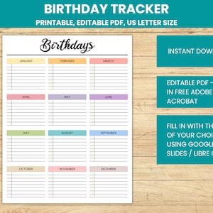 Seguimiento de cumpleaños editable, Lista de cumpleaños imprimible, Recordatorio de cumpleaños, Calendario de cumpleaños digital, Carta de EE. UU., Descarga instantánea PDF + PPTX