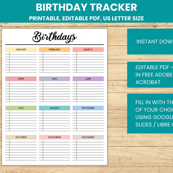 Editable Birthday Tracker, Printable Birthday List, Birthday Reminder, Digital Birthday Calendar, US Letter, Instant Download PDF + PPTX