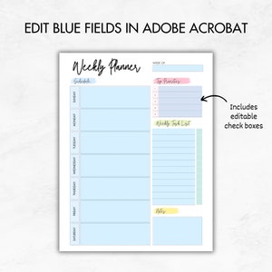 Op de afbeelding: Een printbare weekplanner met blauwe velden voor planning, een sectie voor topprioriteiten, een wekelijkse takenlijst en een sectie voor notities. De planner bevat bewerkbare selectievakjes.