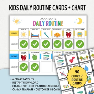 Cartes et tableau du programme visuel pour enfants, programme quotidien imprimable, tableau des tâches ménagères modifiable pour les enfants, liste de contrôle quotidienne, tableau matin après-midi