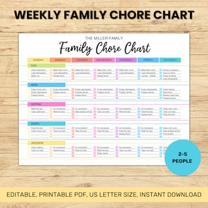 Family Chore Chart Printable Weekly Chore Chart Editable - Etsy