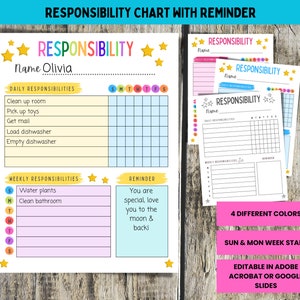Kids Responsibility Chart, Printable Chore Chart for Kids, No Reward, Editable Kids Chore Chart, Daily Weekly Chore Chart, Digital PDF, PPTX