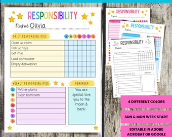 Printable Kids Chore Chart: Editable Responsibility Chart (Digital PDF, PPTX)