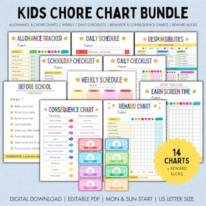 May include: A printable bundle of 14 colorful charts for kids, including chore charts, allowance trackers, daily and weekly schedules, responsibility checklists, consequence charts, reward charts, and a chart for earning screen time. The charts feature stars, colorful borders, and a variety of fun graphics. The text on the charts includes "Kids Chore Chart Bundle", "Allowance Tracker", "Daily Schedule", "Responsibilities", "School Day Checklist", "Daily Checklist", "Weekly Schedule", "Before School Checklist", "Consequence Chart", "Reward Chart", "How You Can Earn Screen Time", and "14 Charts + Reward Bucks".
