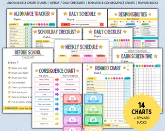 Editable Kids Chore Chart Bundle, Allowance, Daily Checklist, Weekly Planner, Screen Time, Reward Chart, School Routine, Behavior Chart