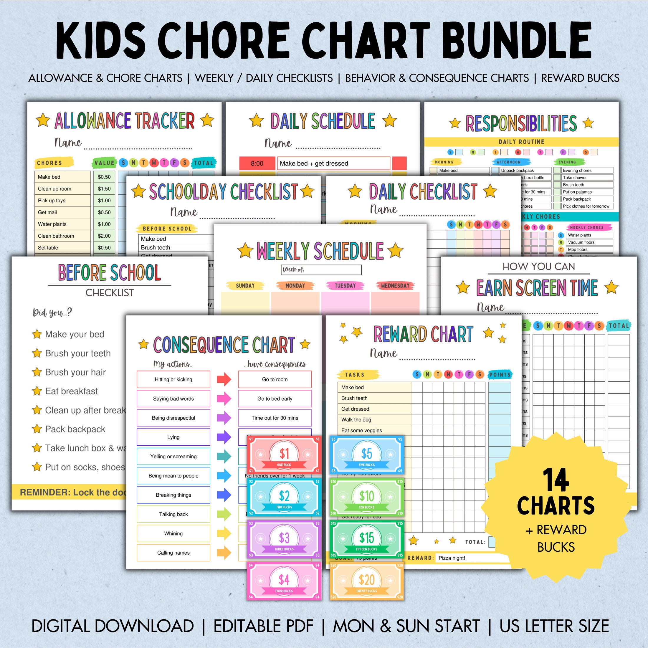 Editable Kids Chore Chart Bundle, Allowance, Daily Checklist, Weekly Planner, Screen Time, Reward Chart, School Routine, Behavior Chart