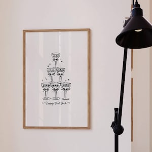 oudejaarsavond kunstprint, champagne toren kunst aan de muur, nye decoratie, nieuwjaar 2025 kunst, nye decor, nye kunst aan de muur, minimaal nye decor, afdrukbaar