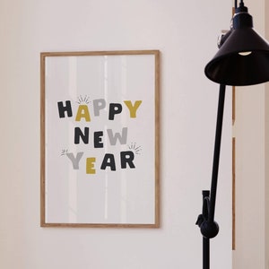 oudejaarsavond kunstprint, gelukkig nieuwjaar muurkunst, nye decoratie, nieuwjaar 2025 kunst, nye decor, nye kunst aan de muur, minimaal nye decor, afdrukbaar