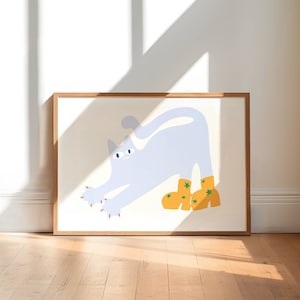 disco cat illustration art print, cartoon blue cat wall art, platform boots wall art, print at home cat wall art poster, funny cat drawing