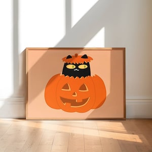 schwarze Katze im Kürbis, süße Halloween-Wandkunst, schwarze Katze Illustration Kunstdruck, Jack O Lantern Wohnkultur, Print zu Hause Kunst