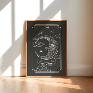 Mond Tarot Karte Wandkunst, Tarot Kartenlegung, magisches Wohndekor, Schwarz und Weiß Wanddekor, himmlische Natur Tarot Karte zu Hause Poster