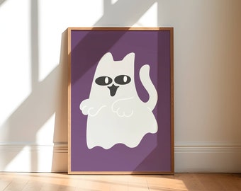 ghost cat wall art, cute halloween wall decor, cat illustration art print, purple ghost art print, print at home halloween art, ghost decor