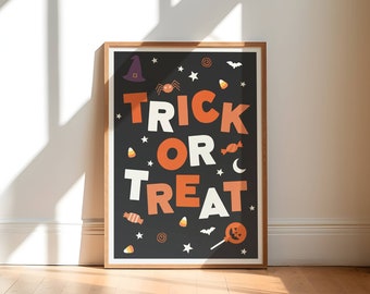 trick or treat wall art, halloween phrase poster, traditional halloween wall decor, print at home halloween decor, black and orange poster