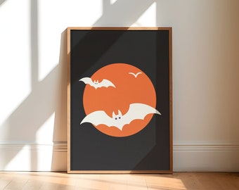 flying bat halloween art print, halloween bats wall art, black and orange halloween decor, cute bat illustration print, print at home decor