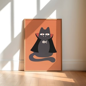 Vampirkatzenzeichnung, Halloween-Wandkunst, Katzenillustrationskunstdruck, niedliches Halloween-Wanddekor, Dracula-Katzenzeichnung, Druck zu Hause Dekor