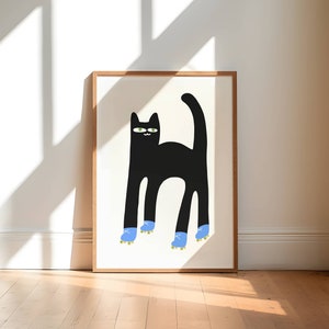 black cat roller skating art print, colorful illustrated animal poster, cute funny cat printable wall decor, print at home downloadable art