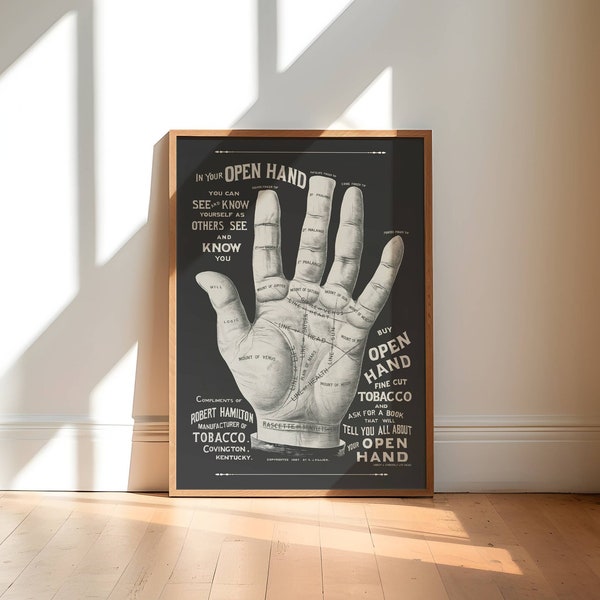 palm reader sign wall art, vintage palmistry diagram printable poster, historic magical wall art, dark academia homed decor, print at home