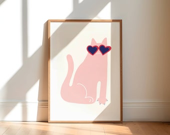 heart cat illustration wall art, cartoon pink cat art print, print at home wall decor, funny cat digital download printable wall art poster