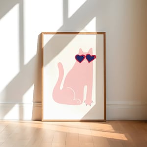 heart cat illustration wall art, cartoon pink cat art print, print at home wall decor, funny cat digital download printable wall art poster