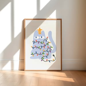 christmas cat printable wall art, blue cat holiday poster, funny colorful cat print at home art, neutral christmas art, blue christmas decor