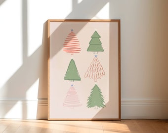 christmas trees printable wall art, winter holiday poster, print at home christmas decor, neutral christmas decor, green pink christmas art