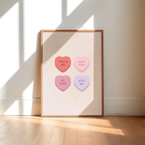 valentines day conversation hearts print, red digital art print, valentines day heart printable, gift for her, pastel hearts wall art print