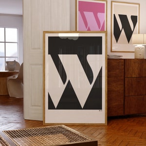 pôsteres com iniciais de letras para impressão, arte de parede com monograma, impressão de arte inicial com letra W, conjunto de 3 impressões em decoração de parede de casa, arte neutra e colorida