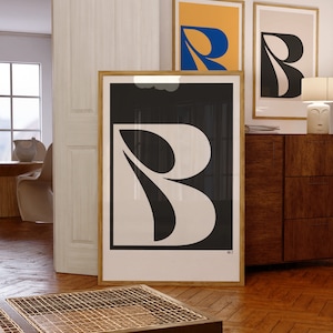 pôsteres com iniciais de letras para impressão, arte de parede com monograma, impressão de arte inicial com letra B, conjunto de 3 impressões em decoração de parede de casa, arte neutra e colorida