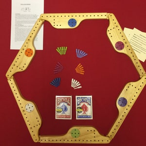 Pegs and Jokers 6 player WITH 2 decks of bicycle playing cards. Handcrafted of Select Pine Wood, in the USA