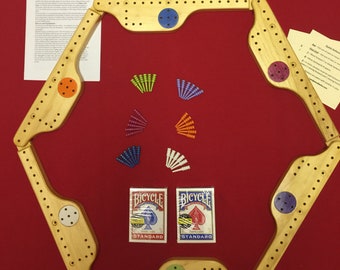 Pegs and Jokers 6 player WITH 2 decks of bicycle playing cards. Handcrafted of Select Pine Wood, in the USA