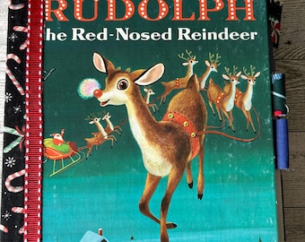 Återvunnen handförändrad anteckningsbok | Rudolf den rödnosade renen, liten gyllene bok, unik