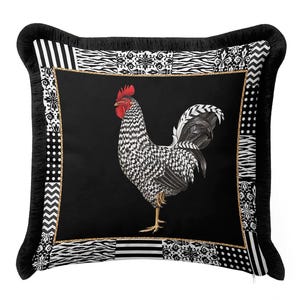 Rooster Patchwork Gothic Fringed Cushion Cover-Black Cockerel Tasseled Pillow Case-Maximalist Farmhouse Noir Salon Velvet Tufty Trim Cushion