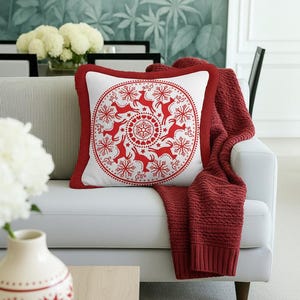 Nordic Reindeer Snowflake Fringed Cushion Cover-Red Medallion Tasseled Pillow Cover-Scandi Holiday Hearthcore Winter Velvet Cushion