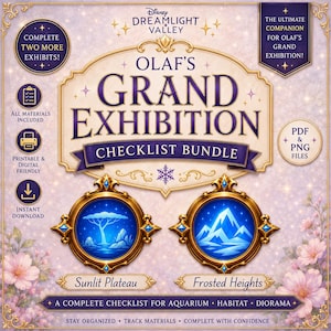 May include: A Disney Dreamlight Valley Olaf's Grand Exhibition checklist bundle featuring gold-framed circular icons for Sunlit Plateau and Frosted Heights. The digital graphic includes text, icons for printable files, and floral accents on a light purple background.
