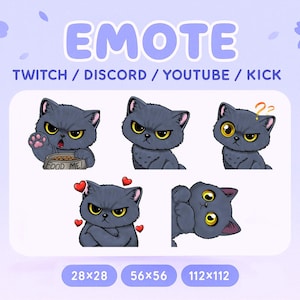 Puede incluir: Un conjunto de cinco emoticonos digitales con un gato gris oscuro gruñón de ojos amarillos. El texto dice EMOTE TWITCH / DISCORD / YOUTUBE / KICK e incluye los tamaños 28x28, 56x56 y 112x112. El gato aparece comiendo, enfadado, confundido y cariñoso.