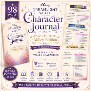 May include: A Disney Dreamlight Valley Character Journal Valley Edition featuring 98 pages, character profiles, quest trackers, friendship rewards, schedules, and routines. This printable PDF and PNG set is A4 size and tracks 54 characters.