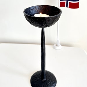 Vintage Hand Forget Wrought Iron Brutalist Candle Holder/ Tall Primitive Cast Iron Candlestick Holder