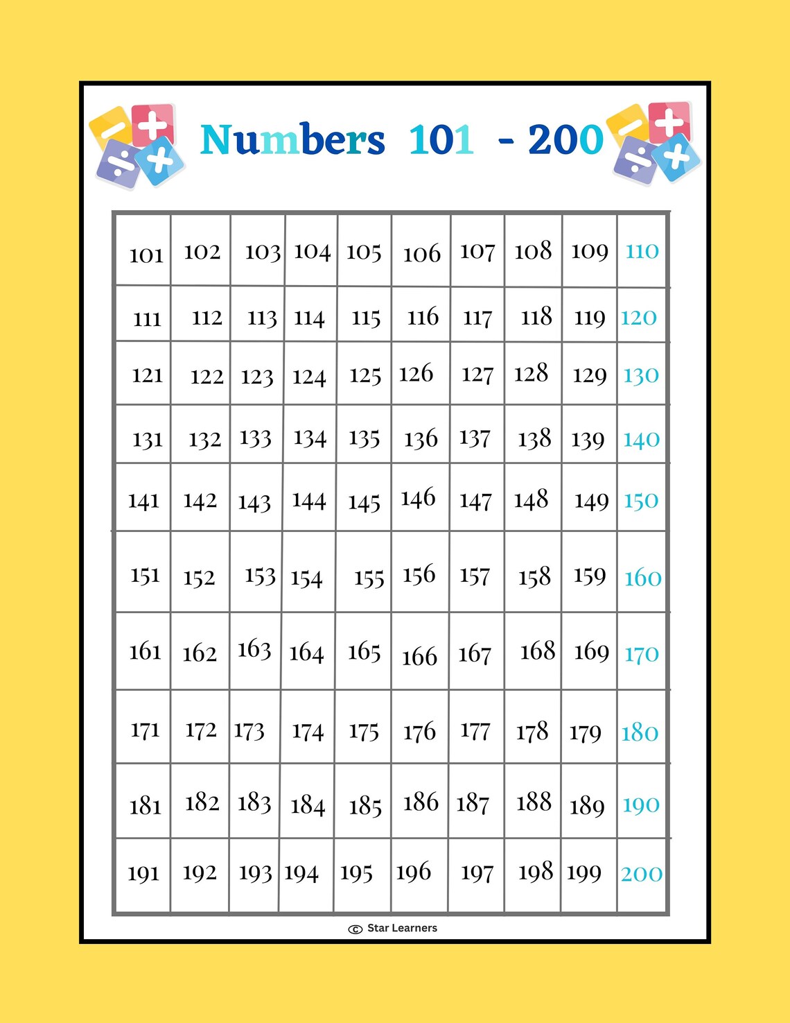 Printable Number Charts, Wall Charts, Work Mats and Worksheet ...