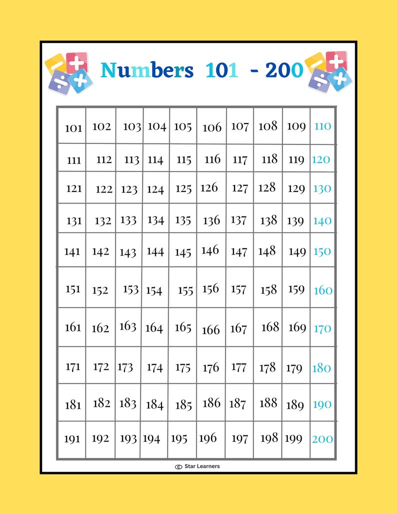 Printable Number Charts, Wall Charts, Work Mats and Worksheet ...