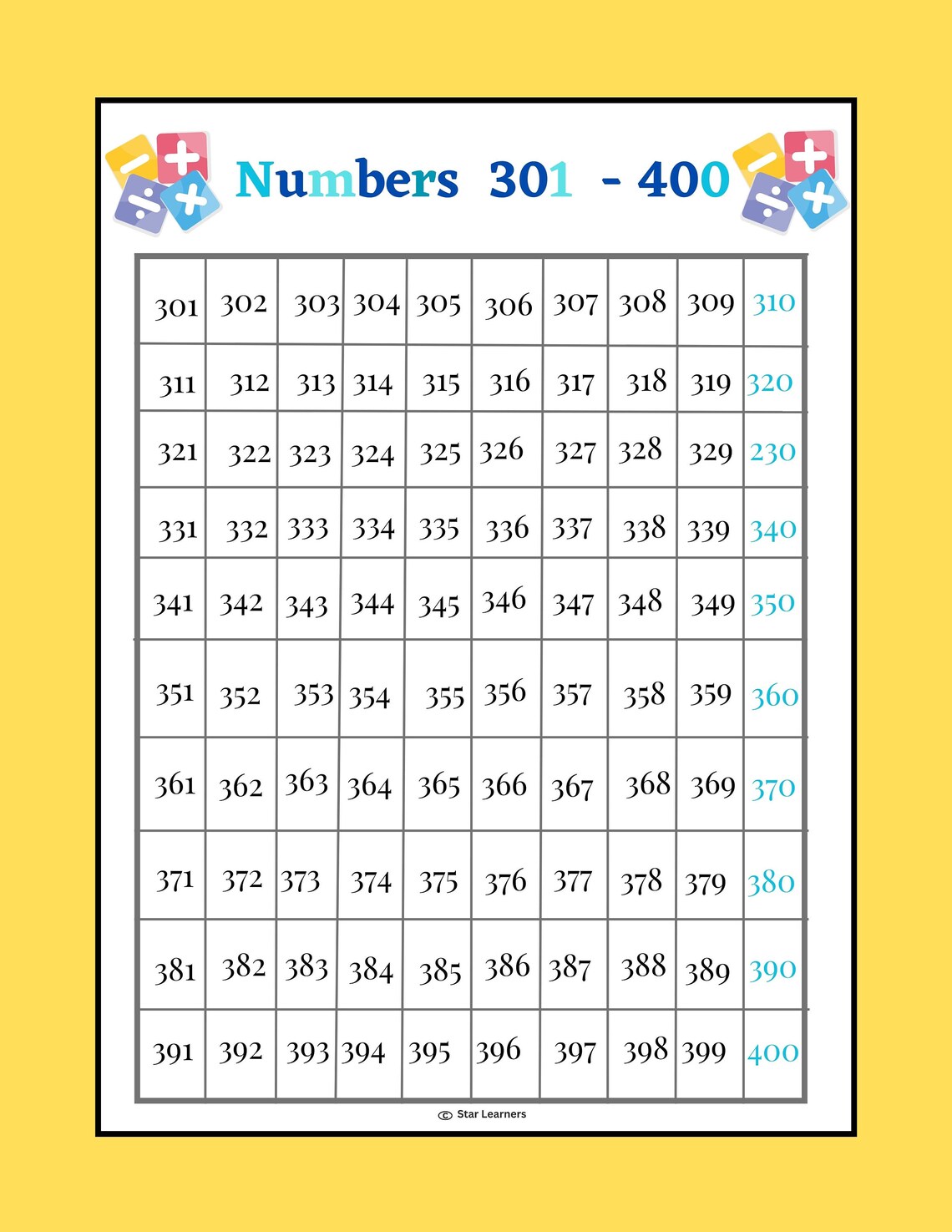 Printable Number Charts, Wall Charts, Work Mats and Worksheet ...
