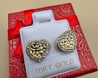 10k Gold Heart Stud Earrings with Crystal Border – Screw Back Earrings