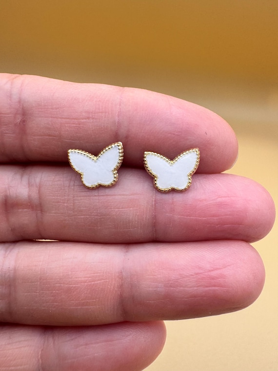 10K Gold Butterfly Stud White Earrings Perfect for Small Earlobes
