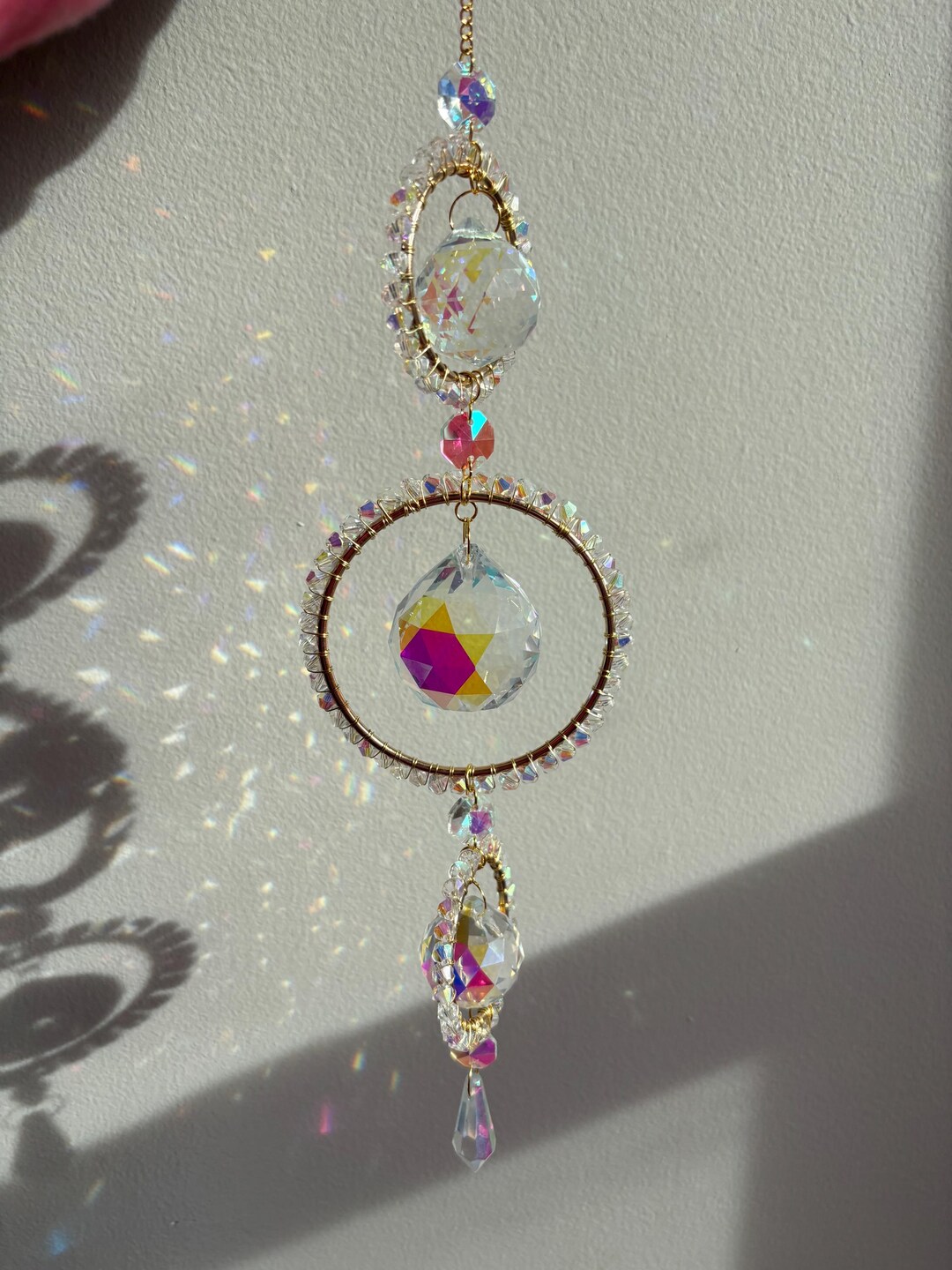 Crystal Rainbow Suncatcher • Handmade Gold Wire Beaded Window Hanging ...